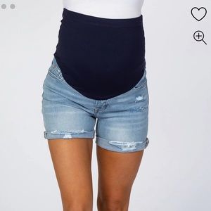 Pink Blush -Blue Distressed Rolled Cuff Maternity Jean Shorts